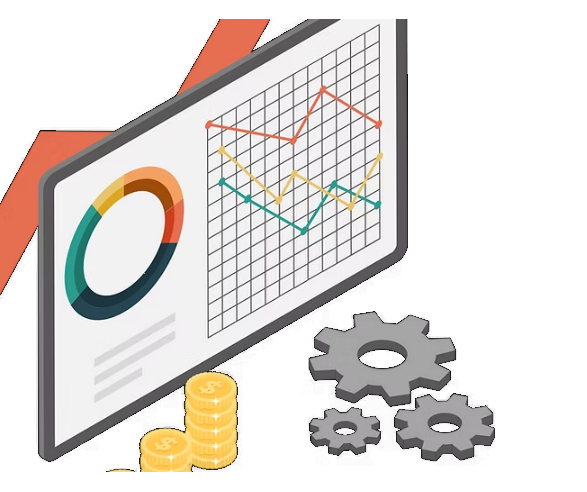 Isometric illustration — dashboard with charts, gears and coins