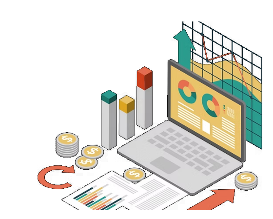 Isometric illustration — laptop with analytics, bar charts, coins and reports