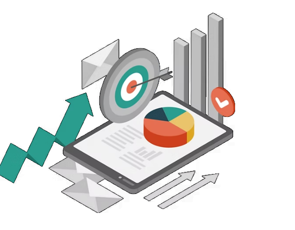 Isometric illustration — tablet with pie chart, target and growth arrows